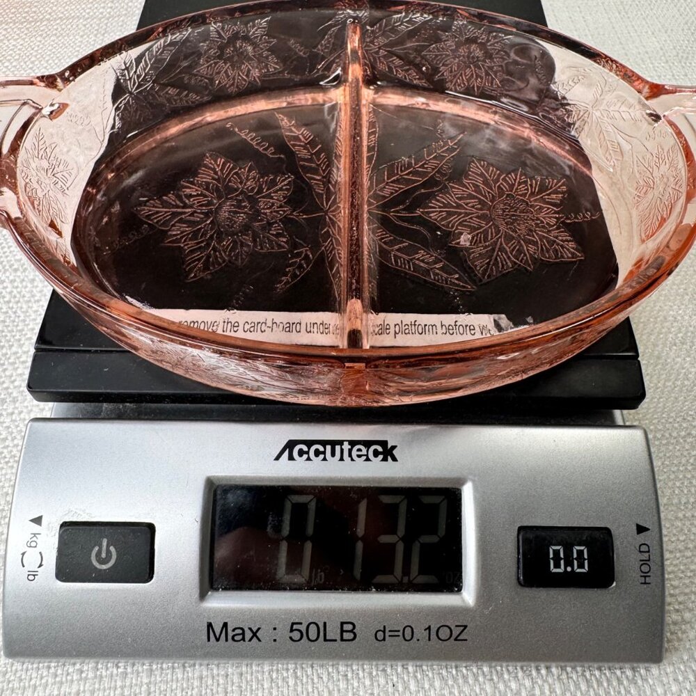 Jeannette Vintage Pink Depression Glass Divided Relish Dish Poinsettia Design 8” - Picture 14 of 16